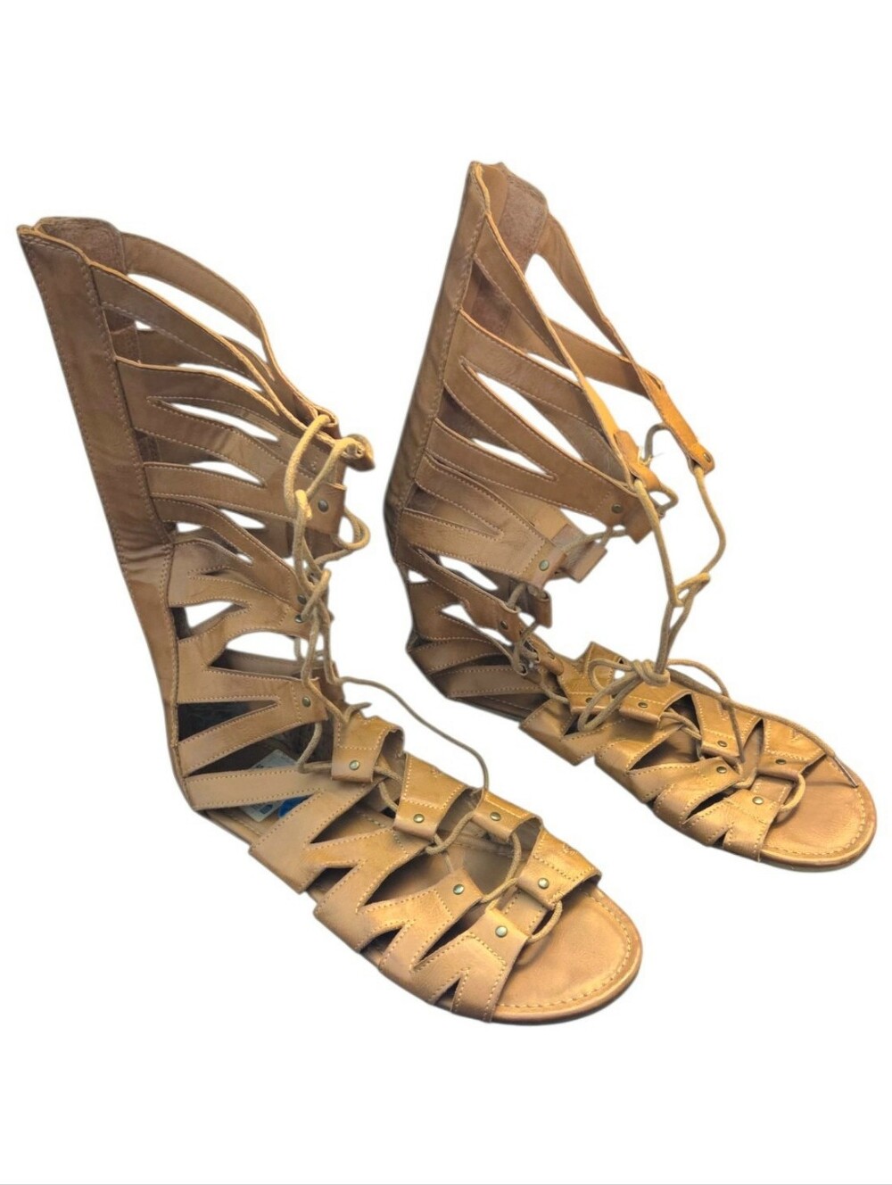 me Too Women's Tan Leather Studded Tall Gladiator Lace-Up Sandals - Size 10